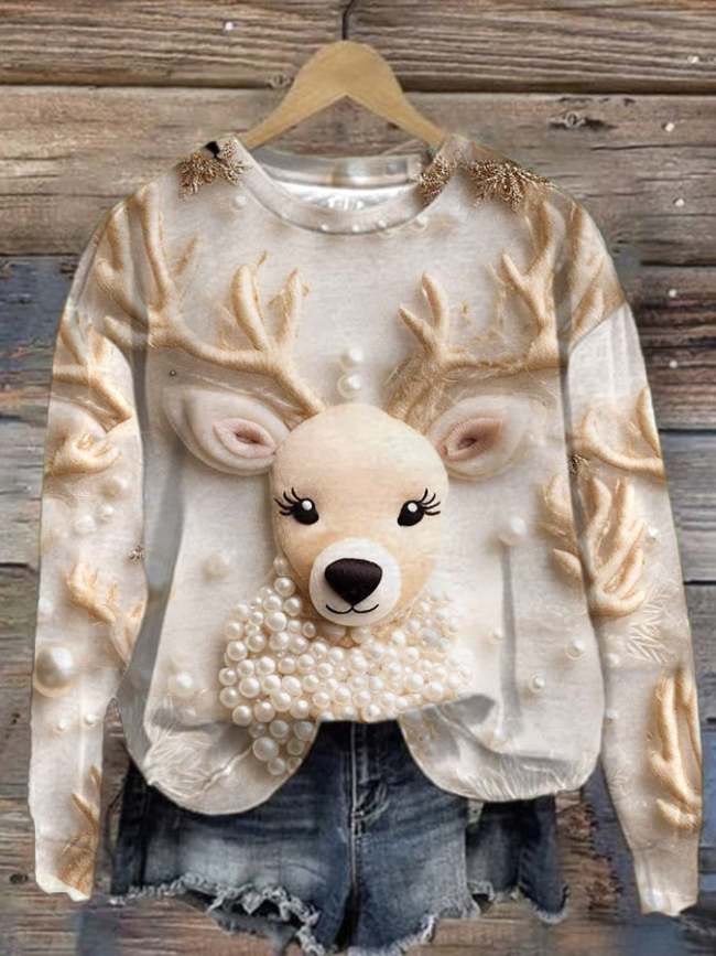 Women's Winter Reindeer Print Long Sleeve Sweatshirt