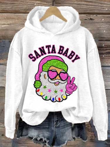 Women's Christmas Pink Santa Baby Print Hoodie