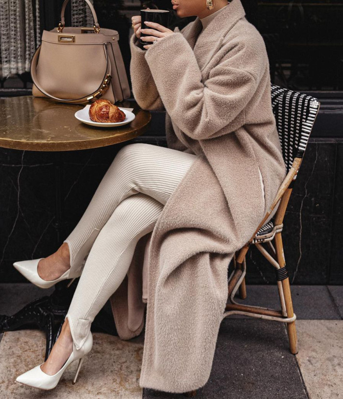 Women's Warm Long Sleeve Lapel Plush Coat