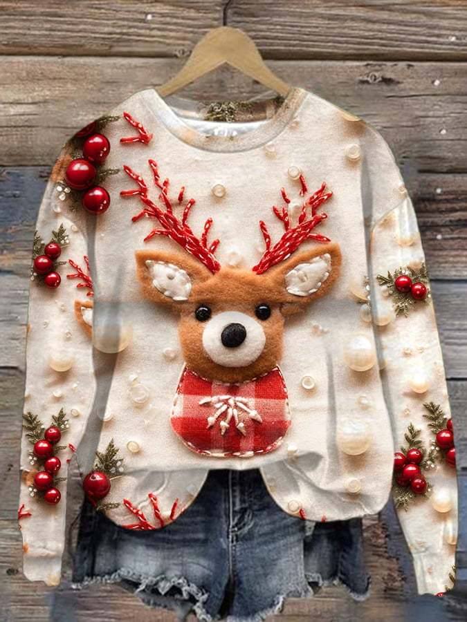 Women's Cute Retro Reindeer Print Long Sleeve Sweatshirt