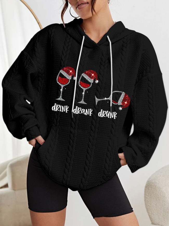 Women's Funny Christmas Drink Drank Drunk Shiny Red Wine Glass Casual Cable Hoodie