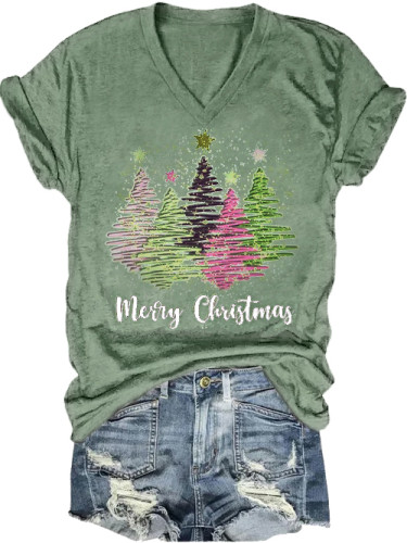 Women's Merry Christmas Trees Print V-Neck T-Shirt