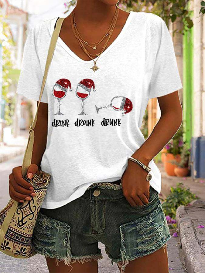 Women's Funny Christmas Drink Drank Drunk Red Wine Glass Casual V-Neck Tee