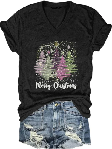 Women's Merry Christmas Trees Print V-Neck T-Shirt