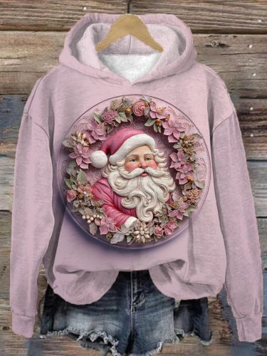 Women's Pink Floral Santa Printed Long Sleeve Hoodie