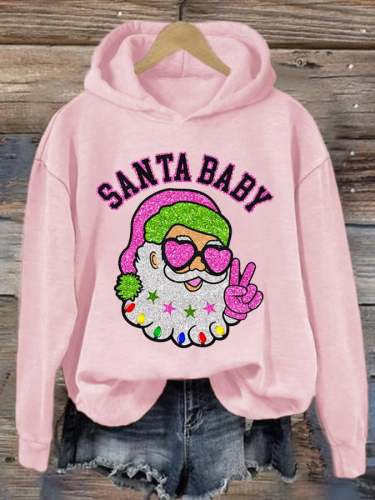 Women's Christmas Pink Santa Baby Print Hoodie