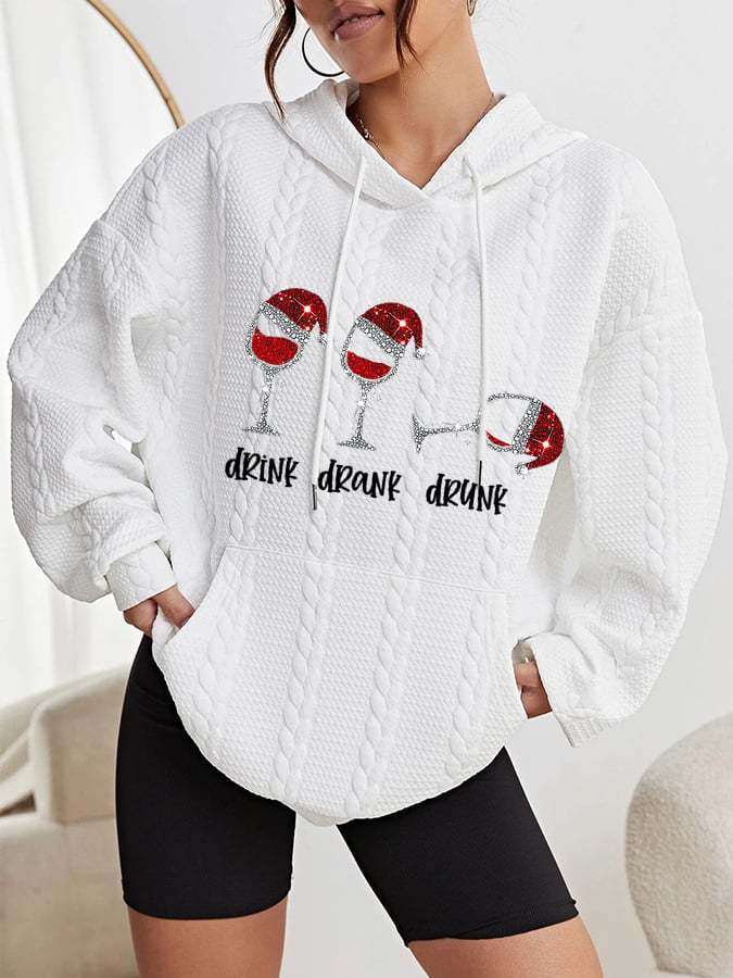 Women's Funny Christmas Drink Drank Drunk Shiny Red Wine Glass Casual Cable Hoodie