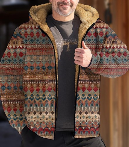 Men's Retro Printed Casual Hooded Fleece Jacket Coat