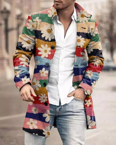 Men's Colorful Striped Floral Vintage Loose Coat