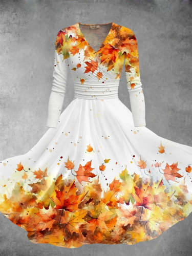 Women's Maple Leaf Print Long Swing Dress