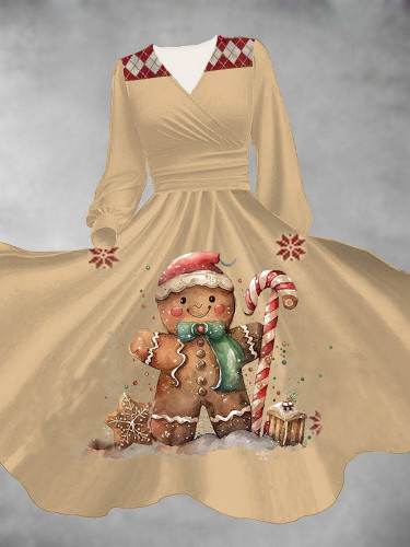 Retro Christmas Gingerbread Long Sleeve Printed Dress