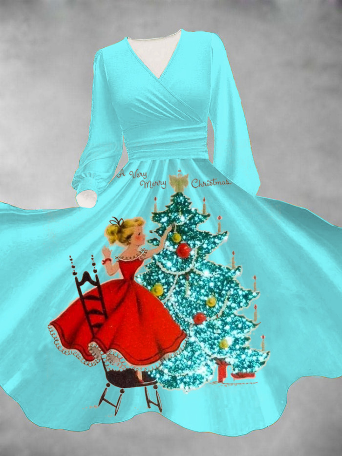 Retro A Very Merry Christmas Long Sleeve Printed Dress