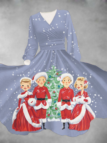 Retro Merry Christmas Long Sleeve Printed Dress