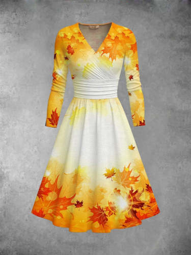 Women's Maple Leaf Print Long Swing Dress