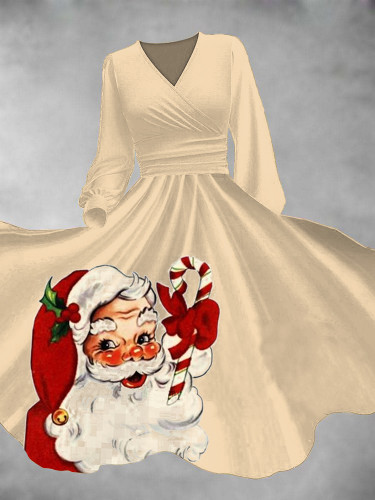 Retro Christmas Santa Claus Long Sleeve Printed Dress