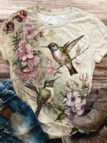 Hummingbird Floral Vintage Print Crew Neck T-Shirt