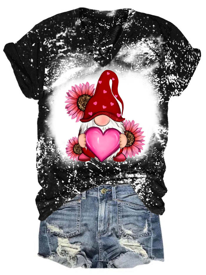 Happy Valentine's Day Gnome with Sunflower Bleaching V Neck T-shirt
