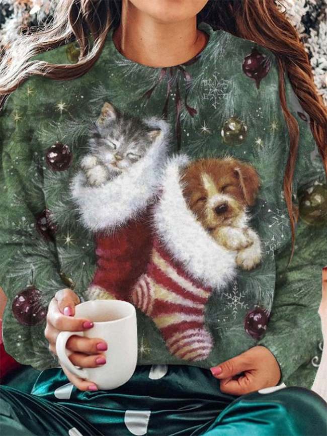 Women's Christmas Cat and Dog Print Sweatshirt
