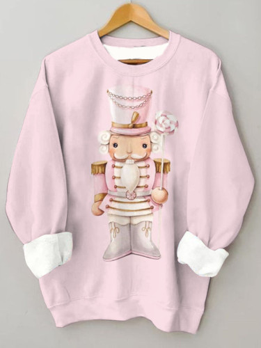 Pink Christmas Nutcracker Print Fleece Sweatshirt