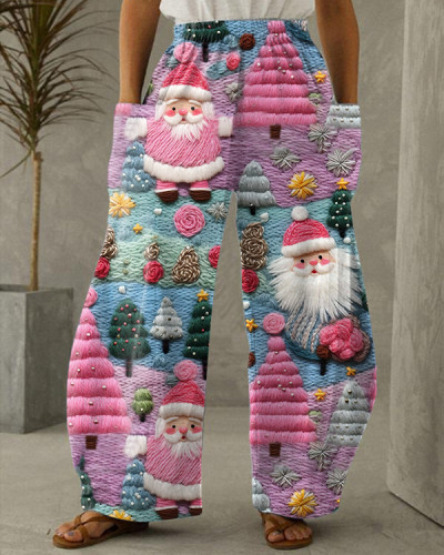 Pink Santa Claus Printed Casual Loose Wide Leg Pants