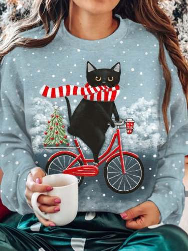 Women's Christmas Snowflake Cute Black Cat Print Casual Sweatshirt