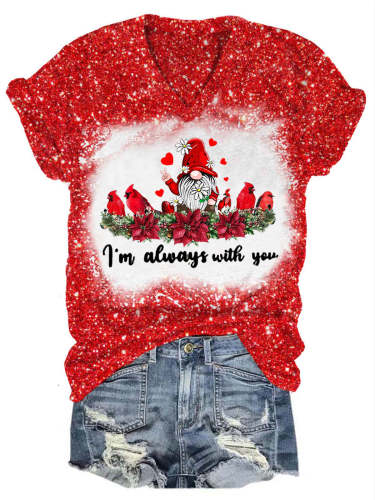 I Am Always With You Cardinal Gnome Glitter Print T-Shirt