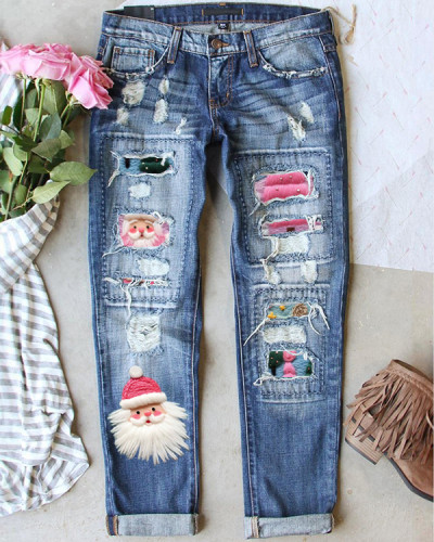 Pink Santa Claus Print Casual Ripped Jeans