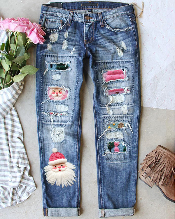 Pink Santa Claus Print Casual Ripped Jeans