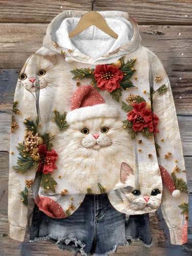 Women's Cute Christmas Cat Print Hoodie