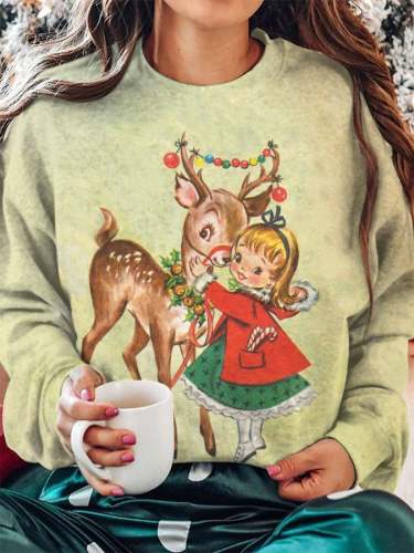 Women's Christmas Deer Print Crew Neck Sweatshirt