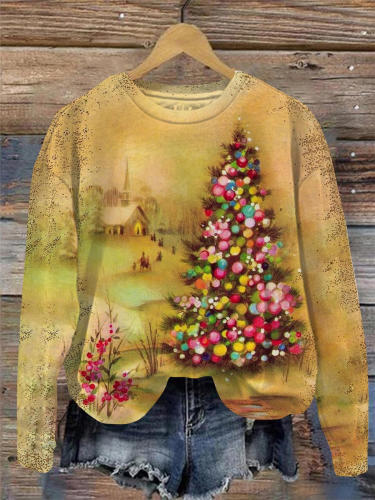 Vintage Christmas Tree Round Neck Long Sleeve Top