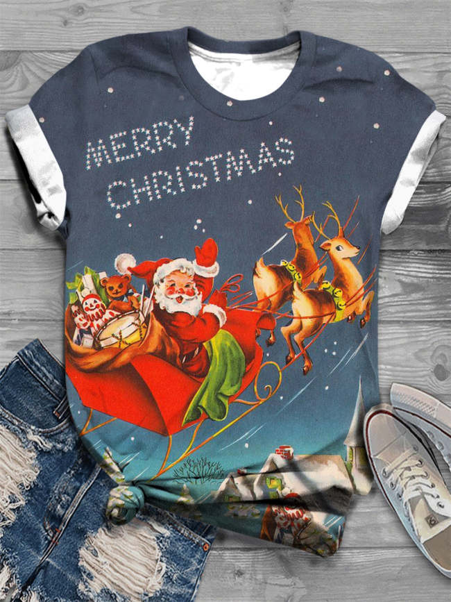 Vintage Santa & Reindeer Christmas Print Crew Neck T-Shirt
