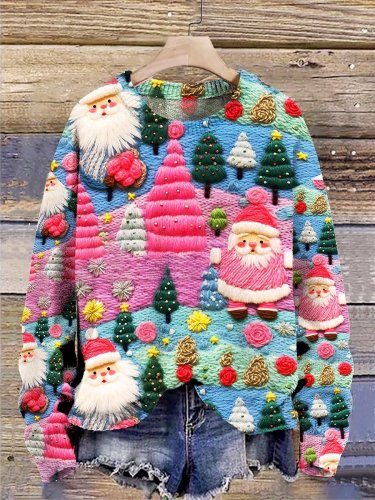 Vintage Santa Claus Print Knit Pullover Sweater
