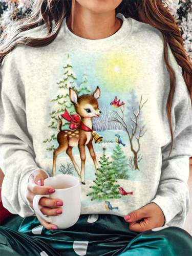 Women's Christmas Deer Print Crew Neck Sweatshirt