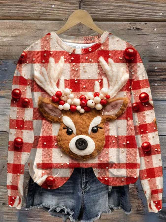 Women's Cute Reindeer Print Long Sleeve Sweatshirt
