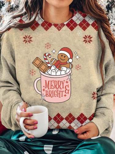 Women's Merry And Bright Christmas Gingerbread Print Sweatshirt
