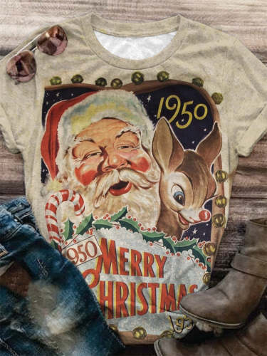 Retro Merry Christmas Metal Sign Santa Crew Neck T-Shirt