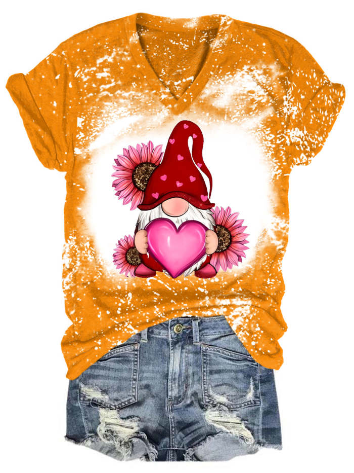 Happy Valentine's Day Gnome with Sunflower Bleaching V Neck T-shirt