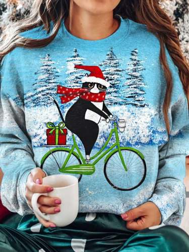 Women's Christmas Snowflake Cute Cat Print Casual Sweatshirt