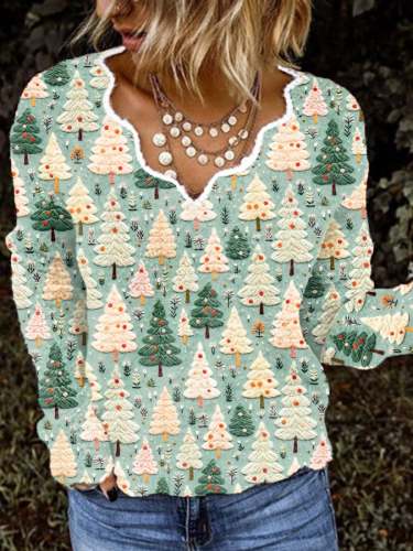 Women's Sage and Beige Christmas Tree Cashmere V-Neck Top