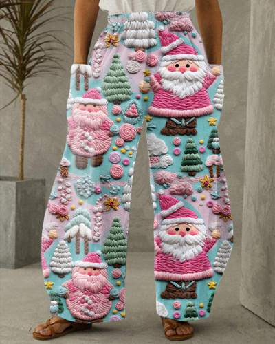 Pink Santa Claus Printed Casual Loose Wide Leg Pants