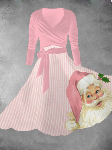 Women's Pink Santa Print Two Piece Dress