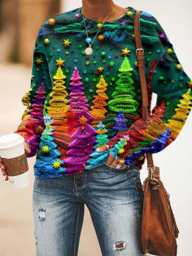 Women's Christmas Colorful Christmas Tree Crew Neck Printed Casual Sweatshirt