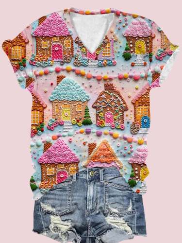 Women's Christmas Colorful Gingerbread House Print V-Neck T-Shirt