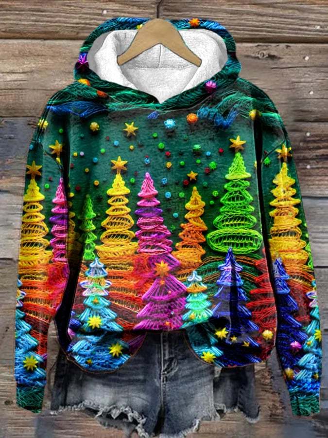 Christmas Colorful Christmas Tree Print Casual Hooded Sweatshirt