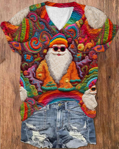 Women's Colorful Funny Santa Print V-Neck T-Shirt
