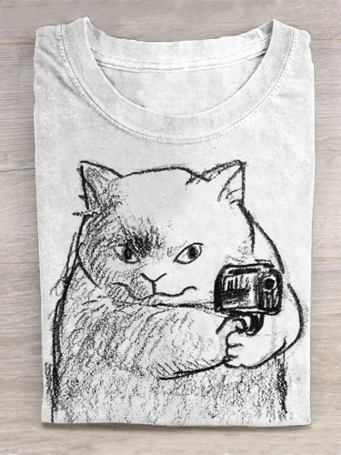 Casual Art Cute Cat Print Loose Round Neck T-shirt
