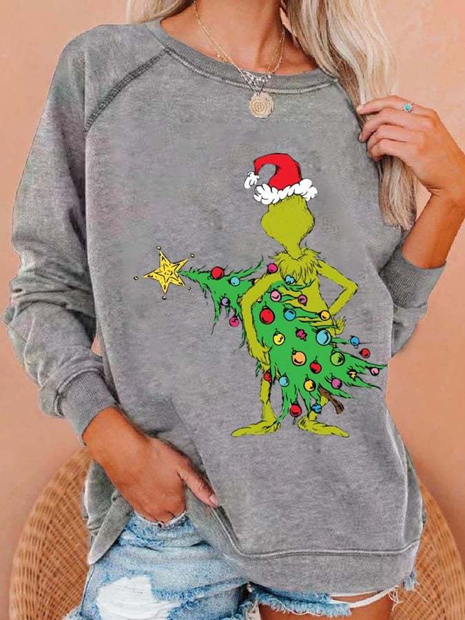 Women Funny Christmas Tree Print Casual Sweatshirt