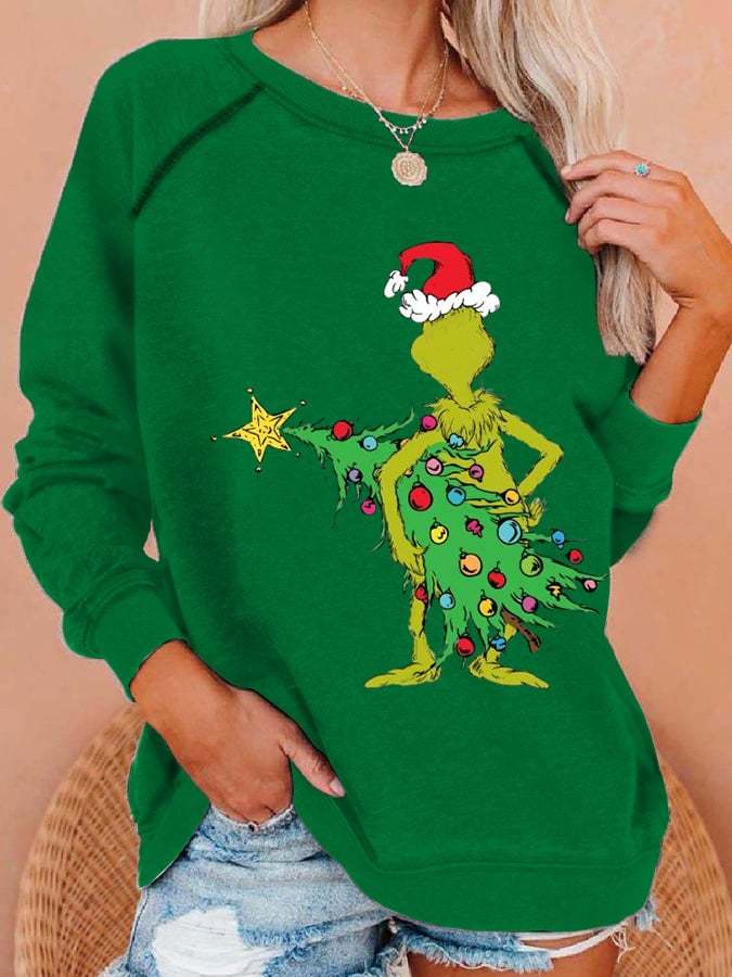 Women Funny Christmas Tree Print Casual Sweatshirt
