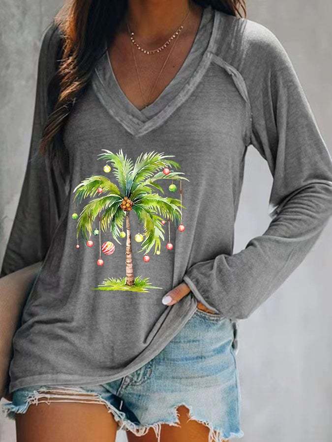 Women's Casual Christmas Palm Tree Print Long Sleeve T-Shirt